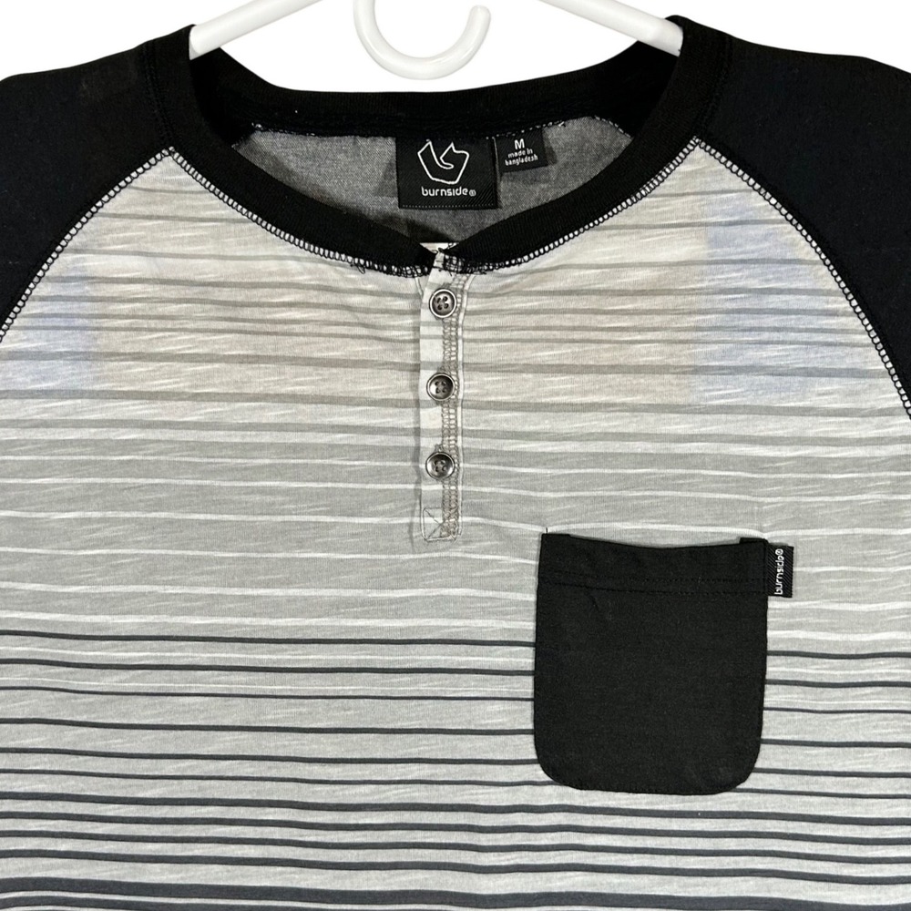 Burnside Mens Henley Shirt Medium Grey Black Striped Raglan Short Sleeve
